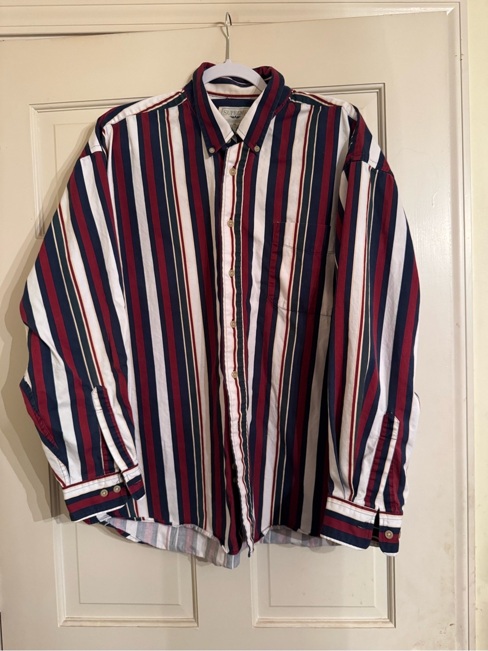 Supreme Men's Vertical Stripe Button-Down Shirt in Red, Navy & White
